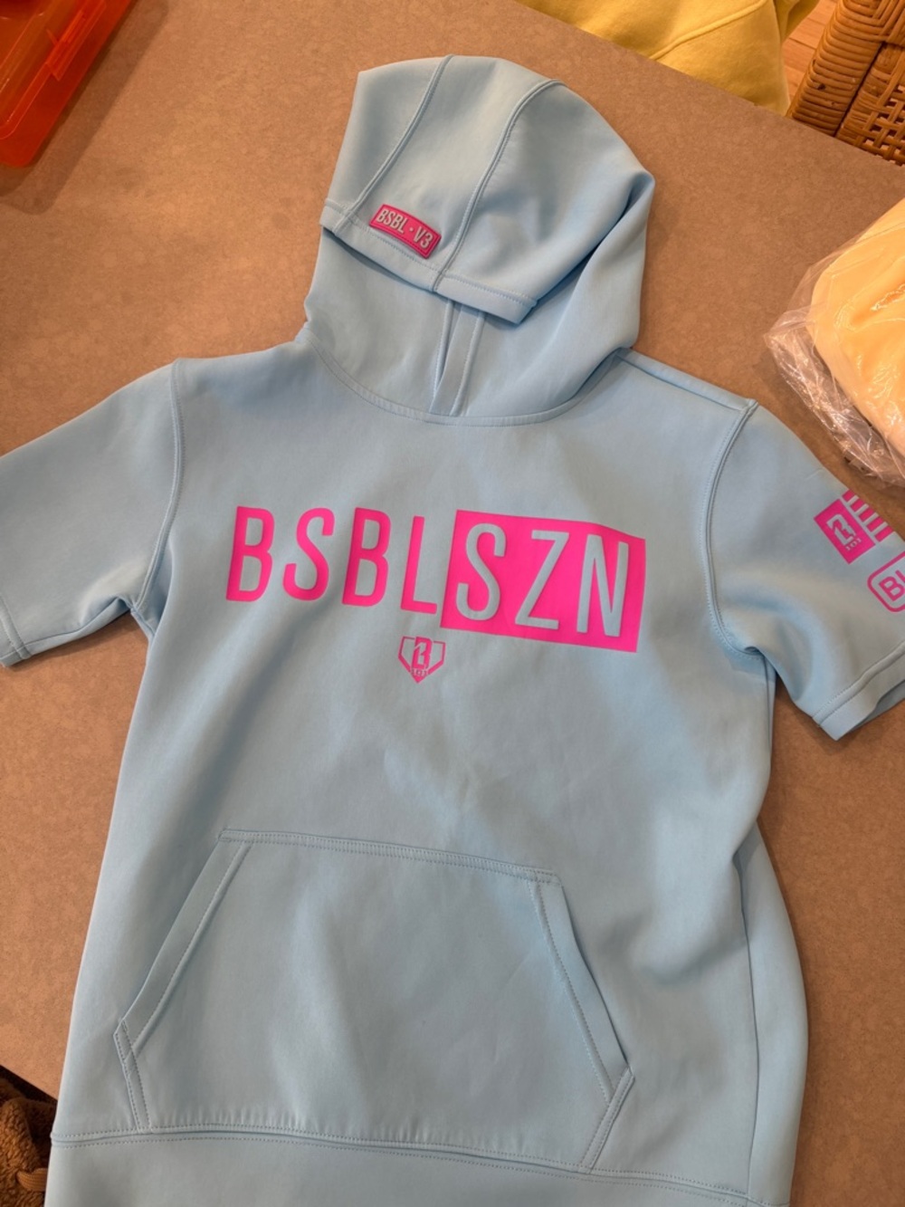 BSBL SZN Kids Light Blue Hoodie with Pink Logo
